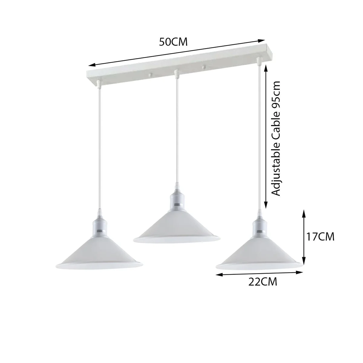 Hanging metal cone pendant light with three white cone shades, 22cm diameter, 10cm height, 95cm cable, white metal+PVC base.