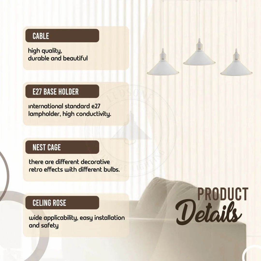 White industrial E27 bulb pendant light with 3 metal+PVC holders, cone‑shaped 22cm shade, 10cm high, 95cm cable.