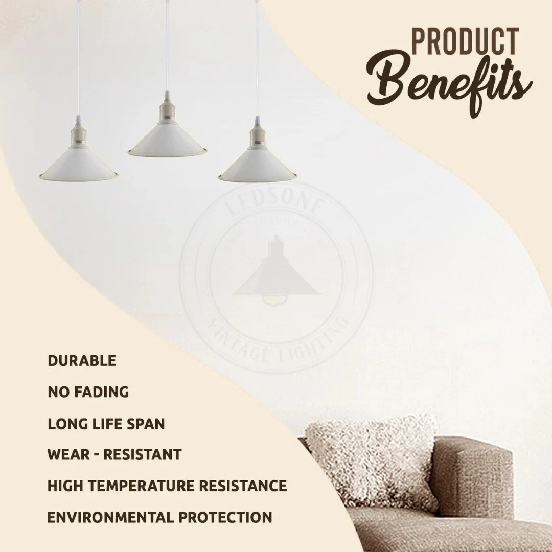 Indoor hanging light with three white metal cone shades, 22cm diameter, 95cm cable, mounted on a ceiling plate