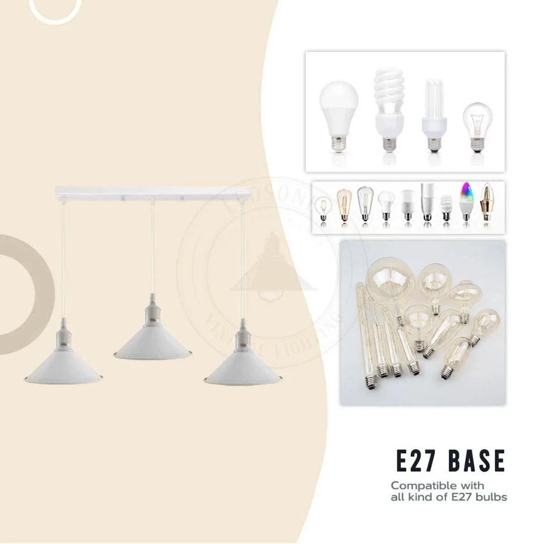 White industrial lamp with three cone‑shaped metal PVC shades hanging from ceiling, 22 cm wide, 10 cm high, 95 cm cable.