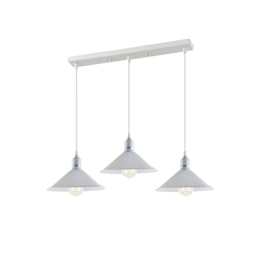 Industrial pendant light with white metal cone shade and three E27 sockets, mounted by a 95 cm PVC cable to a ceiling plate.