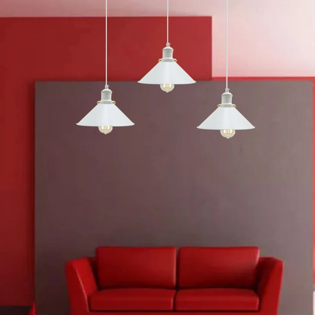 White metal 3‑way pendant light with three cone‑shaped shades and long PVC cable, mounted on a ceiling plate.