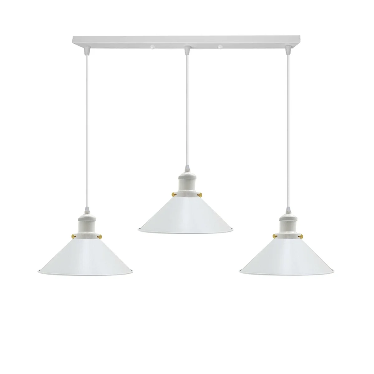 White 3‑way industrial ceiling light with metal and PVC cone shade, hanging from ceiling, 22 cm diameter, three E27 holders.