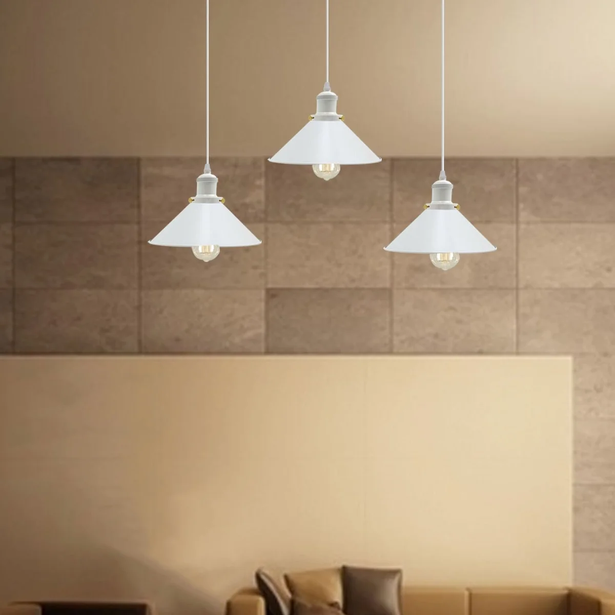 White hanging lamp with three metal cone shades, 22 cm diameter, 10 cm height, mounted on a 50 cm metal base.