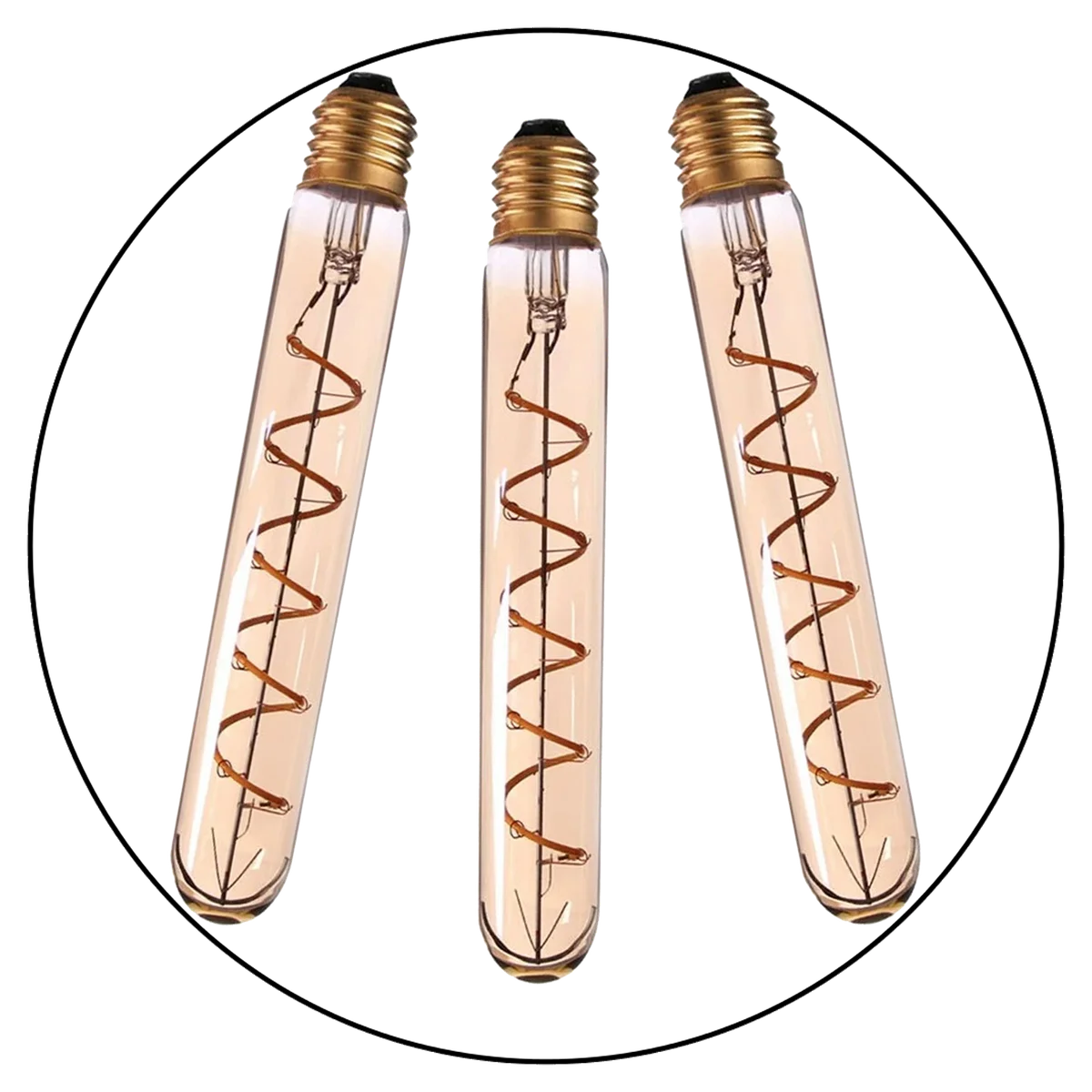 Set of three warm‑white LED E27 filament bulbs with heart‑shaped glass filaments, designed for cozy lighting