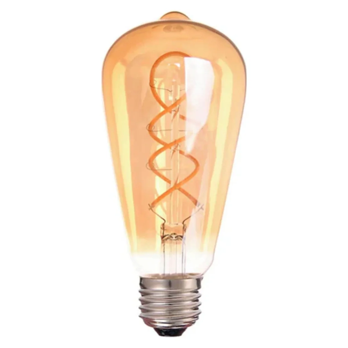 Vintage LED filament bulb in amber glass, E27 screw base, glowing softly.