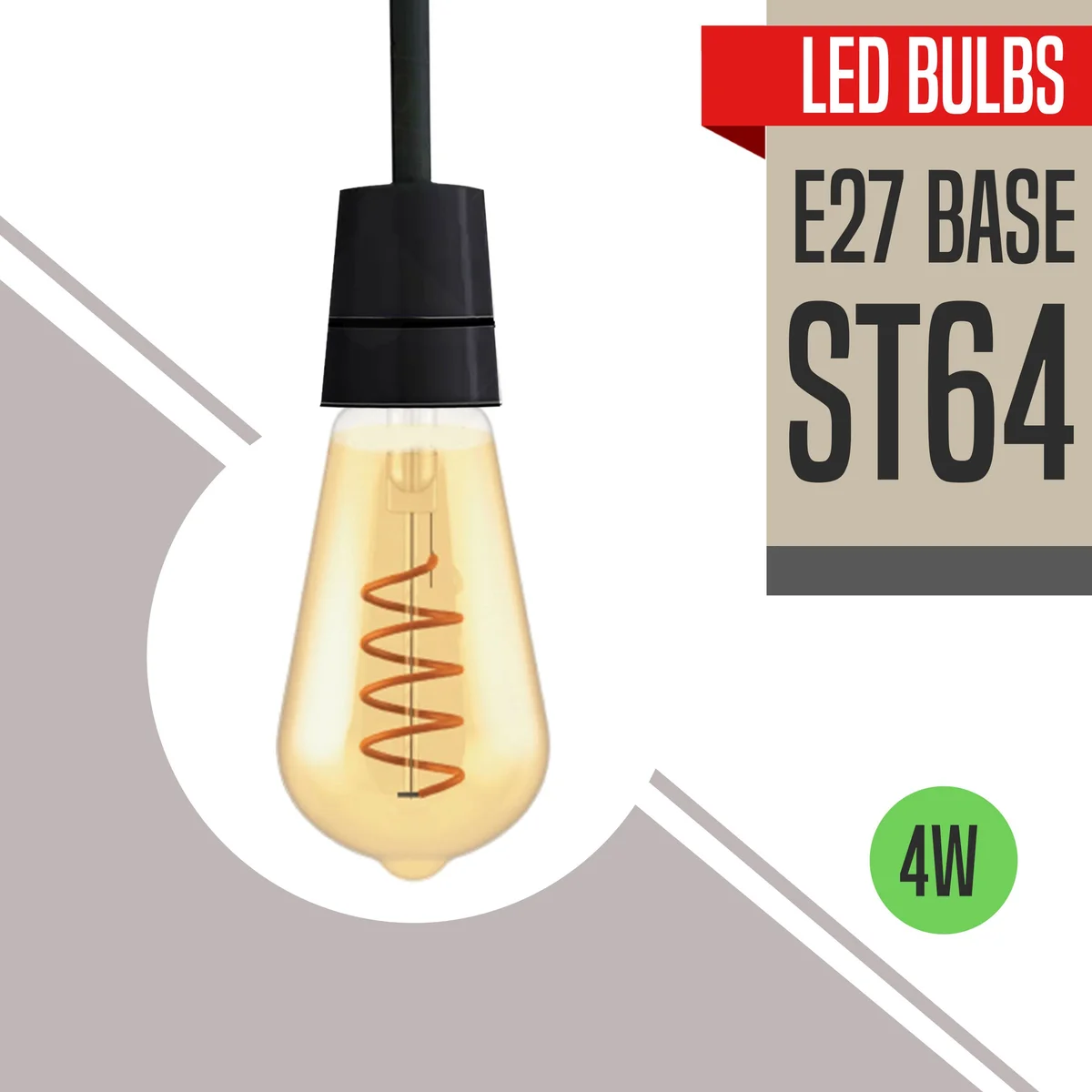 E27 LED bulb with amber glass, LED filament, vintage Edison style, visible screw base and glowing warm light.