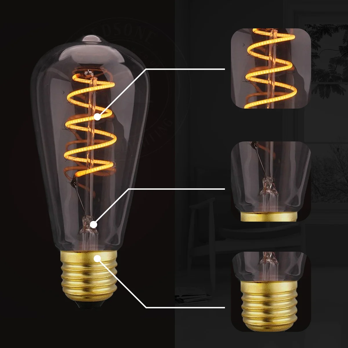 Vintage amber glass bulb with Edison-style screw base on a light fixture, glowing warm amber light