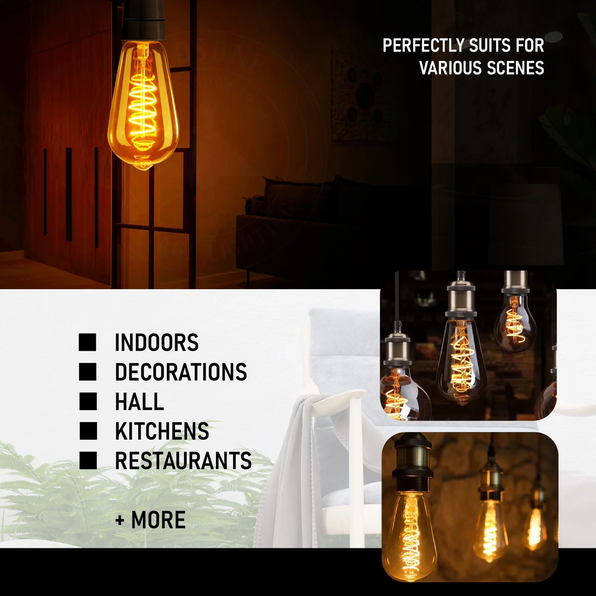 Vintage LED filament bulb in amber glass, clear E27 screw base on white background