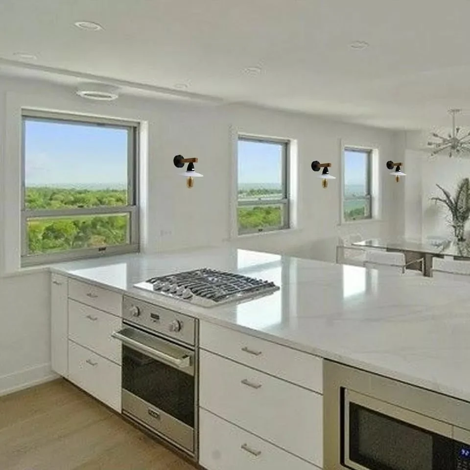 Pair of retro wall light fixtures with metal frame, PVC shade, wood casing and exposed hardware for modern vintage decor