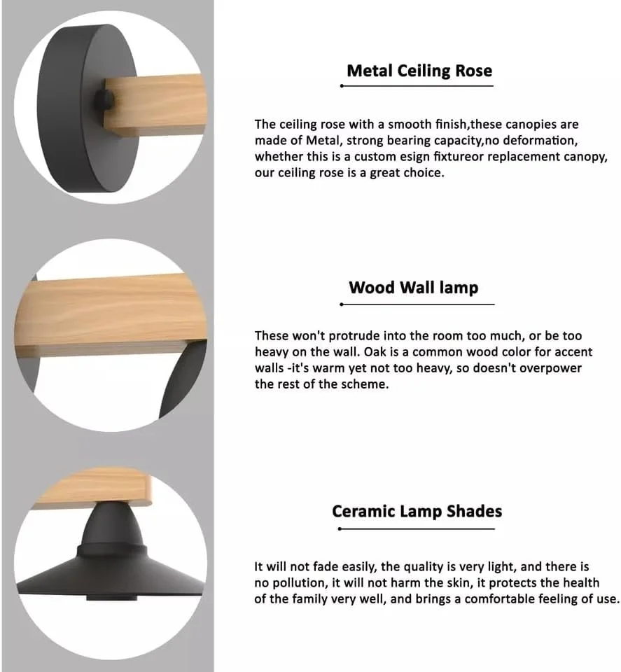 Two retro wall lights with wood and PVC wall light design, clear PVC shades, metal hardware, for modern spaces