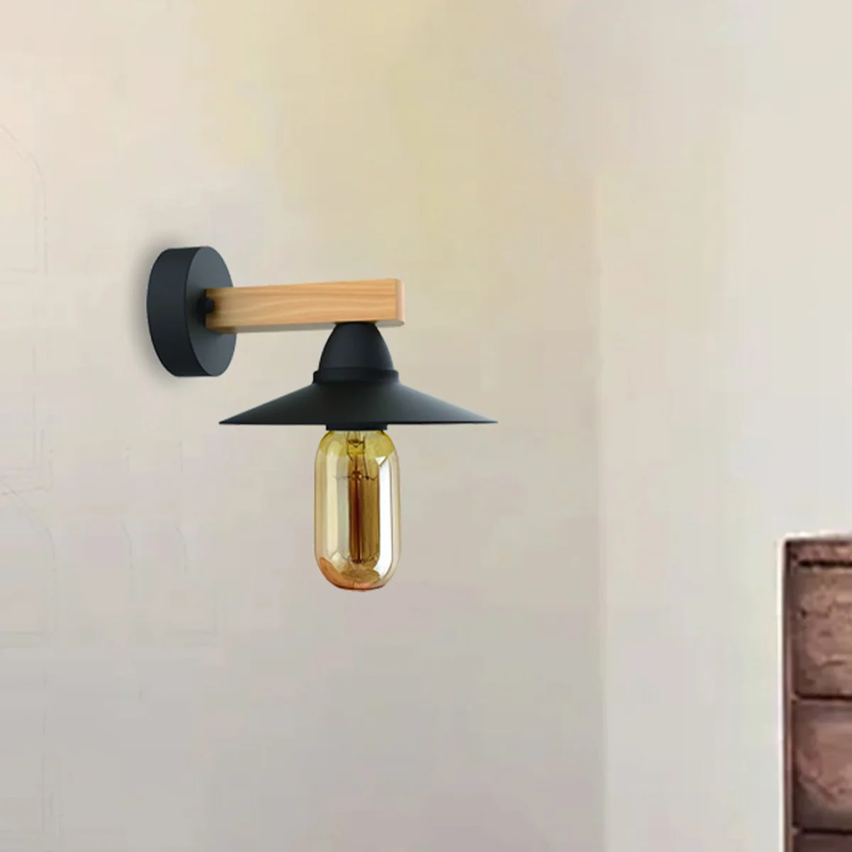 Elegant metal and PVC wall light fixture with exposed hardware and natural wood shade, great for bedroom wall lighting.