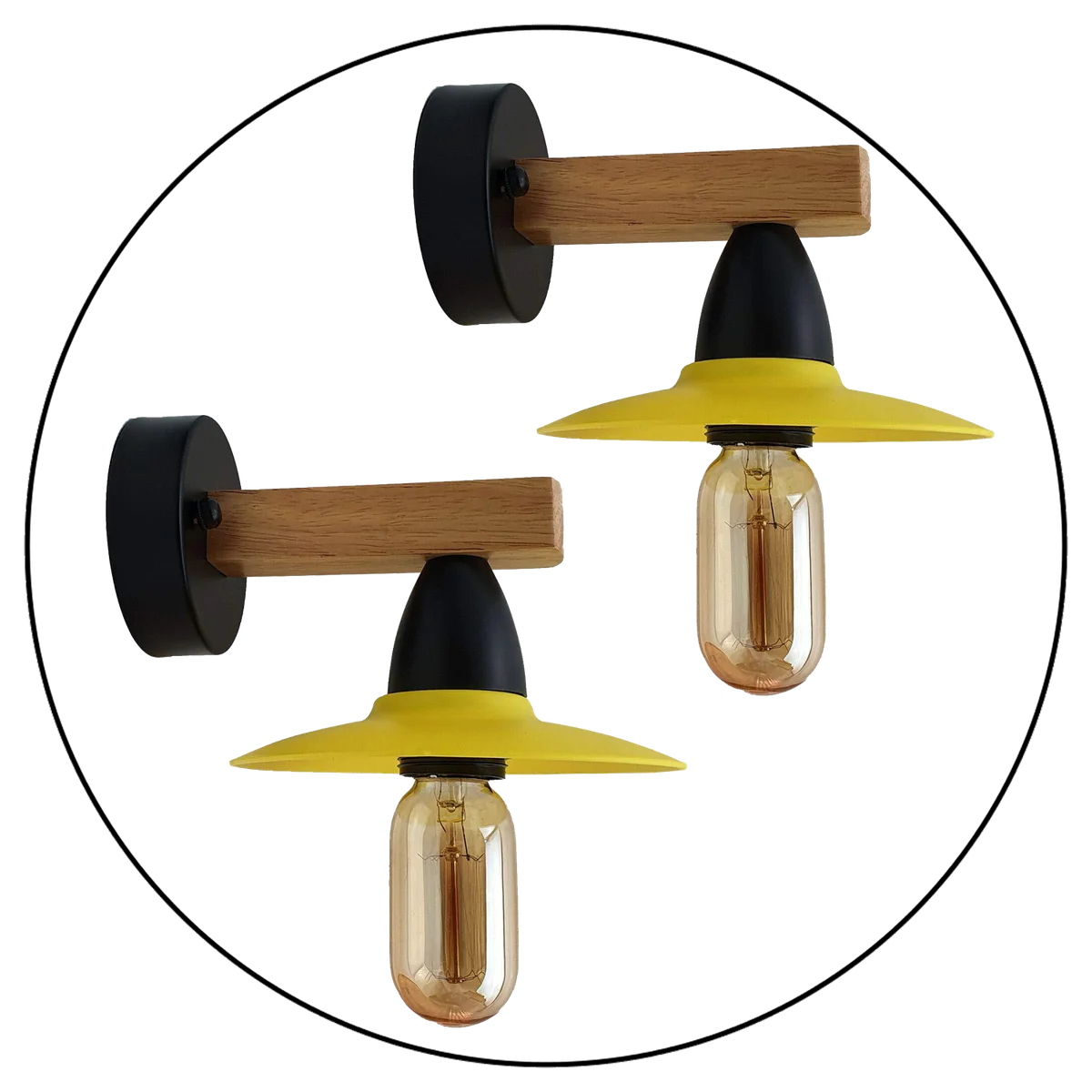 Two yellow modern wood wall lights with exposed metal hardware and PVC shades, ideal for bedrooms and hallways