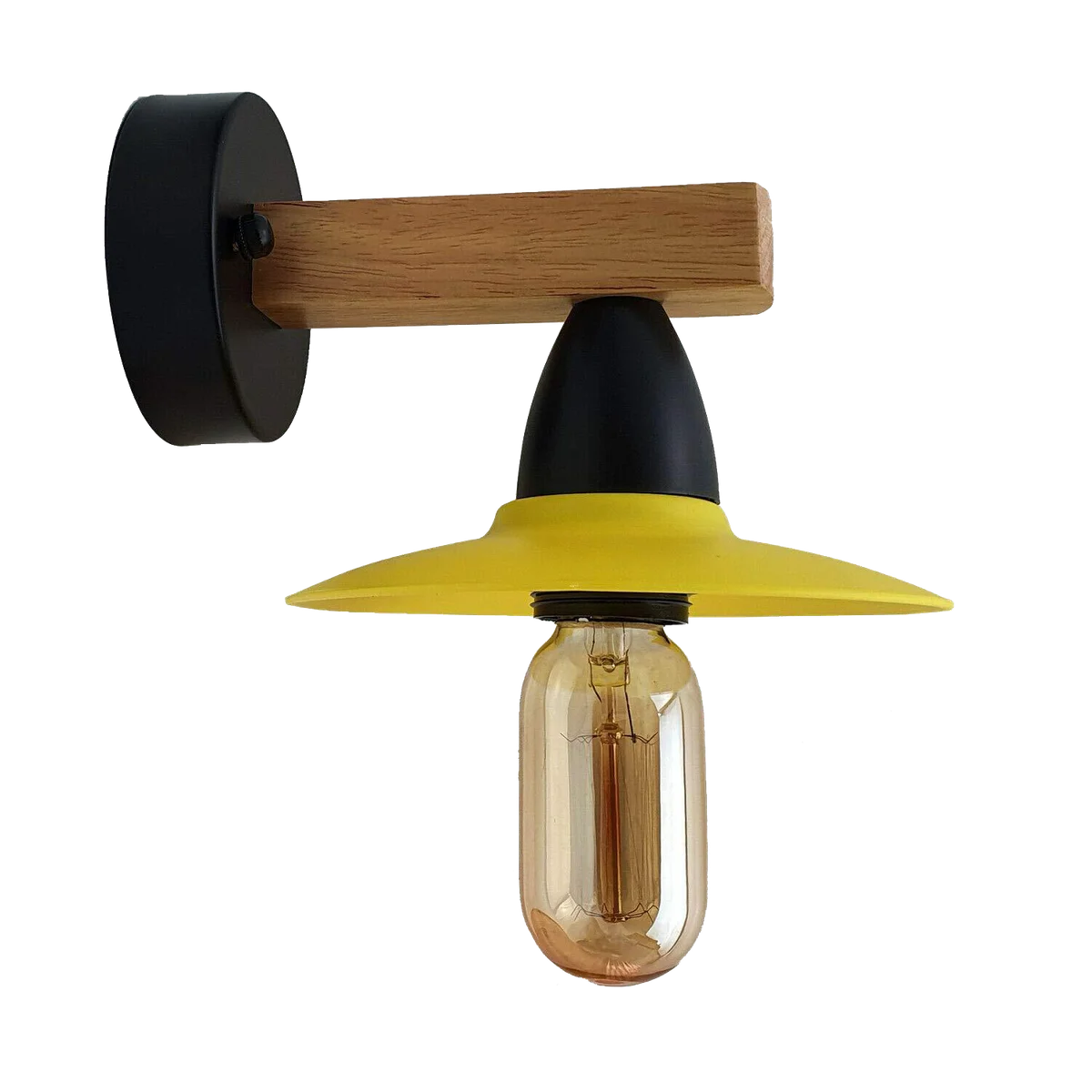 Set of two yellow modern vintage wall light fixtures with metal housings, PVC shades, and natural wood panels, mounted on wall.