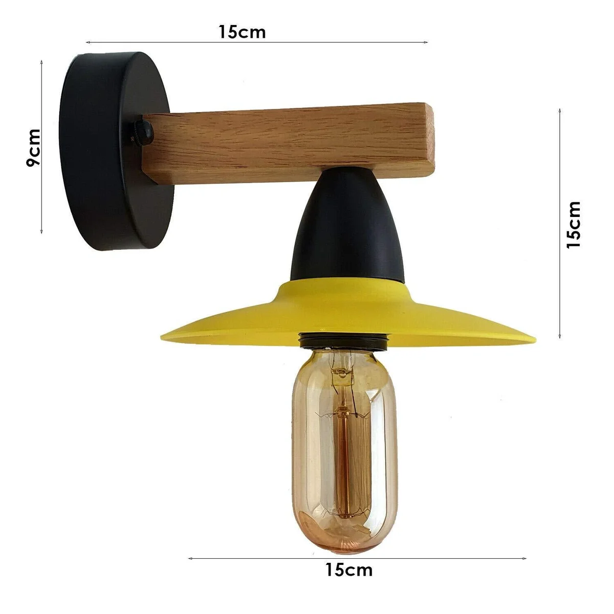 Two yellow wall lights with PVC shade wall lighting, exposed metal base, mounted on wood, ideal for bedroom, counter, hallway