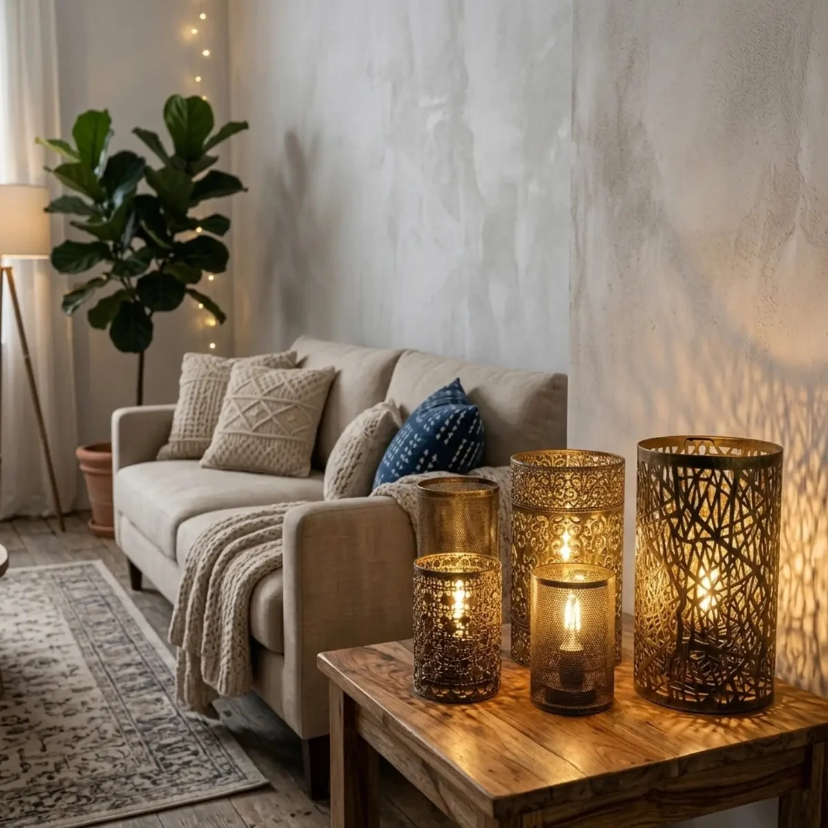 Brushed brass metal cage lamp shade, retro pendant design hanging from ceiling, stylish industrial look