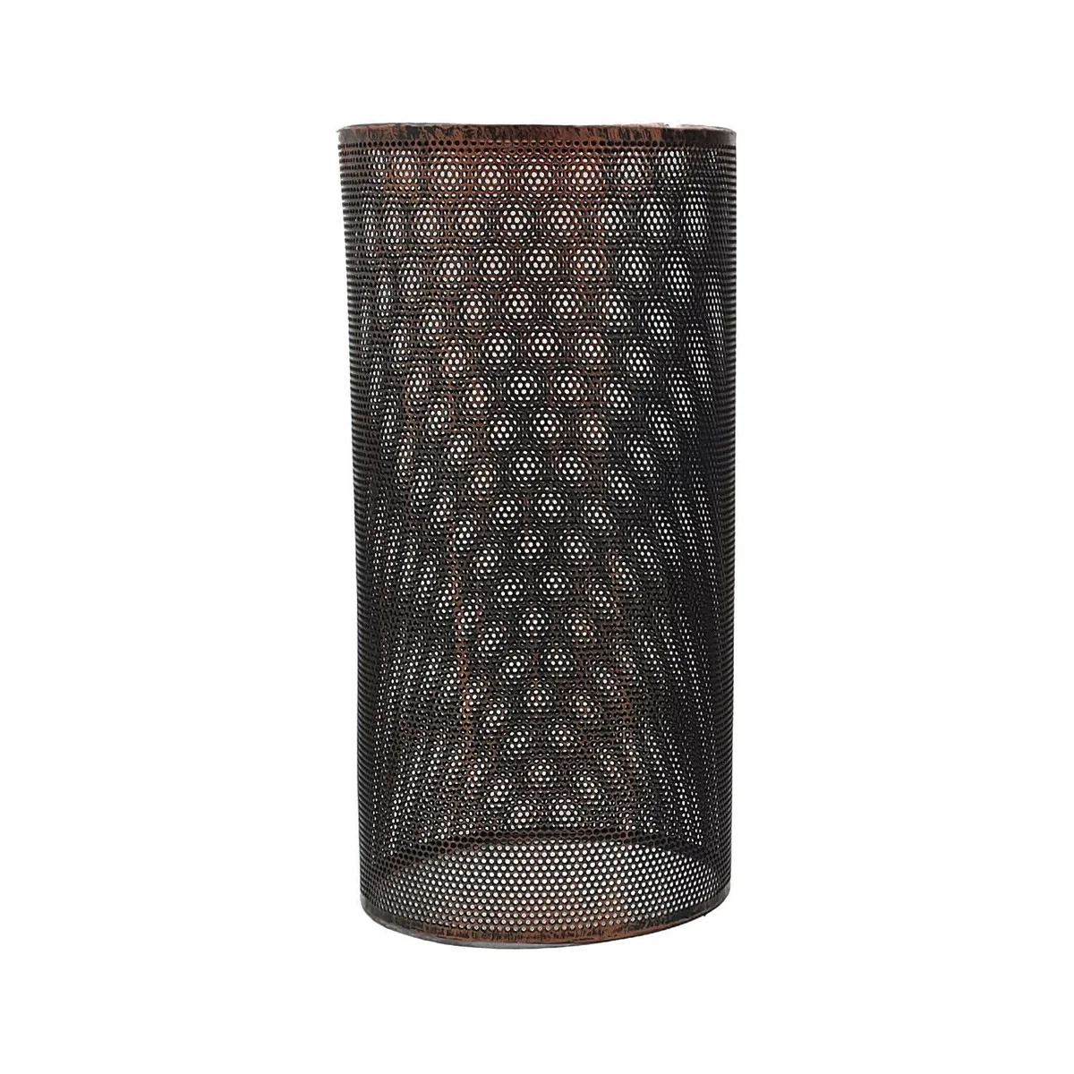 Rustic red metal pendant lamp with patterned light cage hanging from ceiling – a modern light cage design.