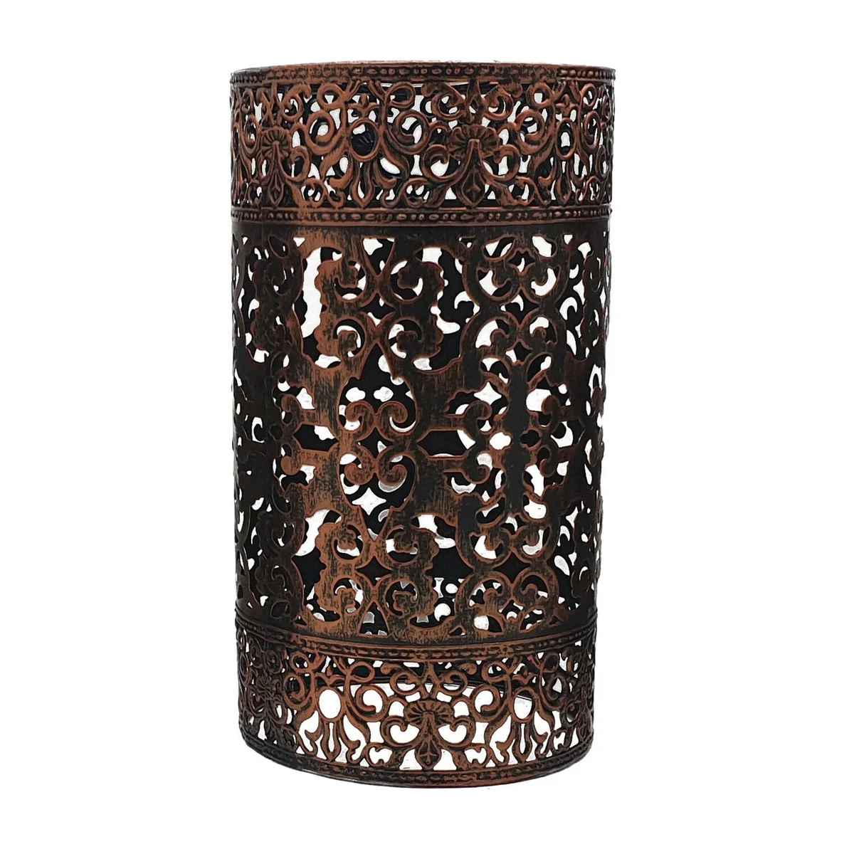 Rustic red metal pendant lamp cage with decorative pattern, hanging from a ceiling.