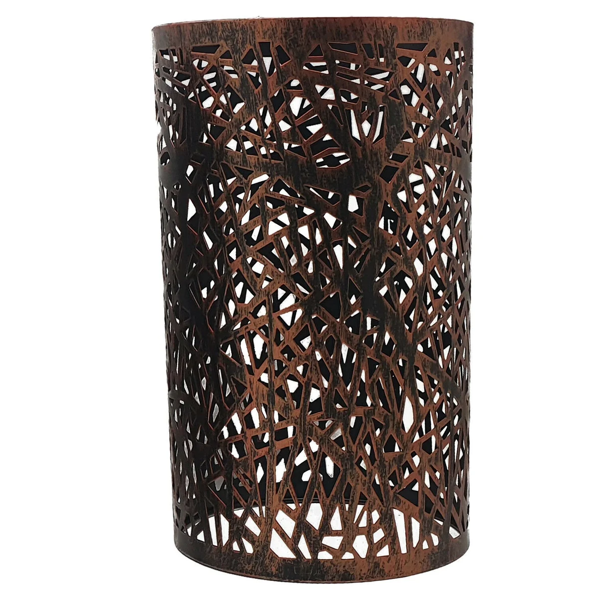 Rustic red metal lampshade cage with patterned fabric, industrial style lampshade, hanging from ceiling, simple easy installation
