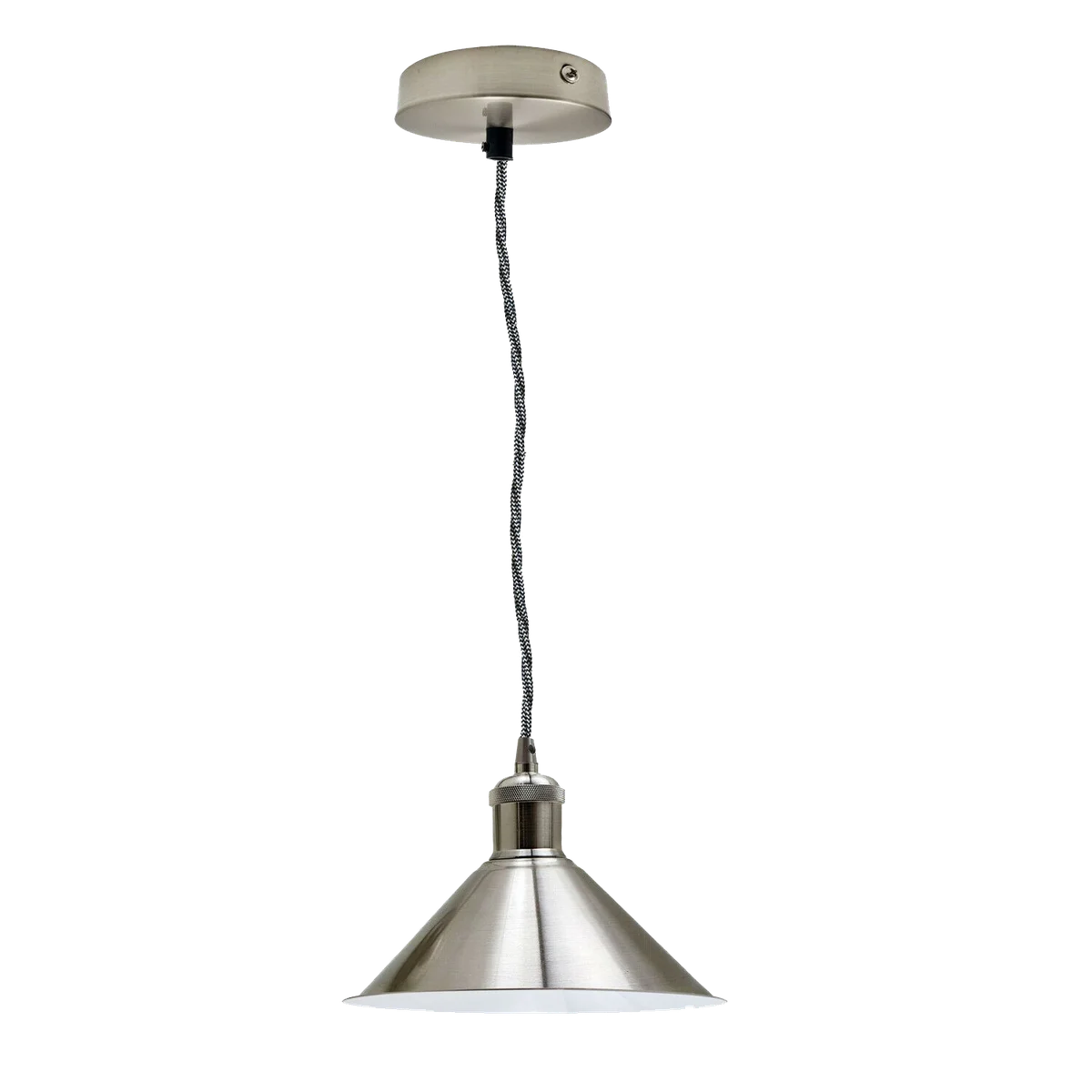 Industrial metal pendant light with satin nickel iron shade, single E27 holder, 95 cm cable in a loft‑style design.