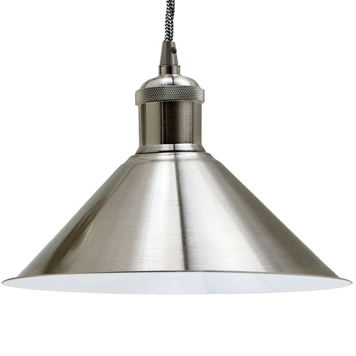 Vintage loft lampshade in satin nickel, iron fixture with single E27 holder, hanging from 10cm ceiling rose