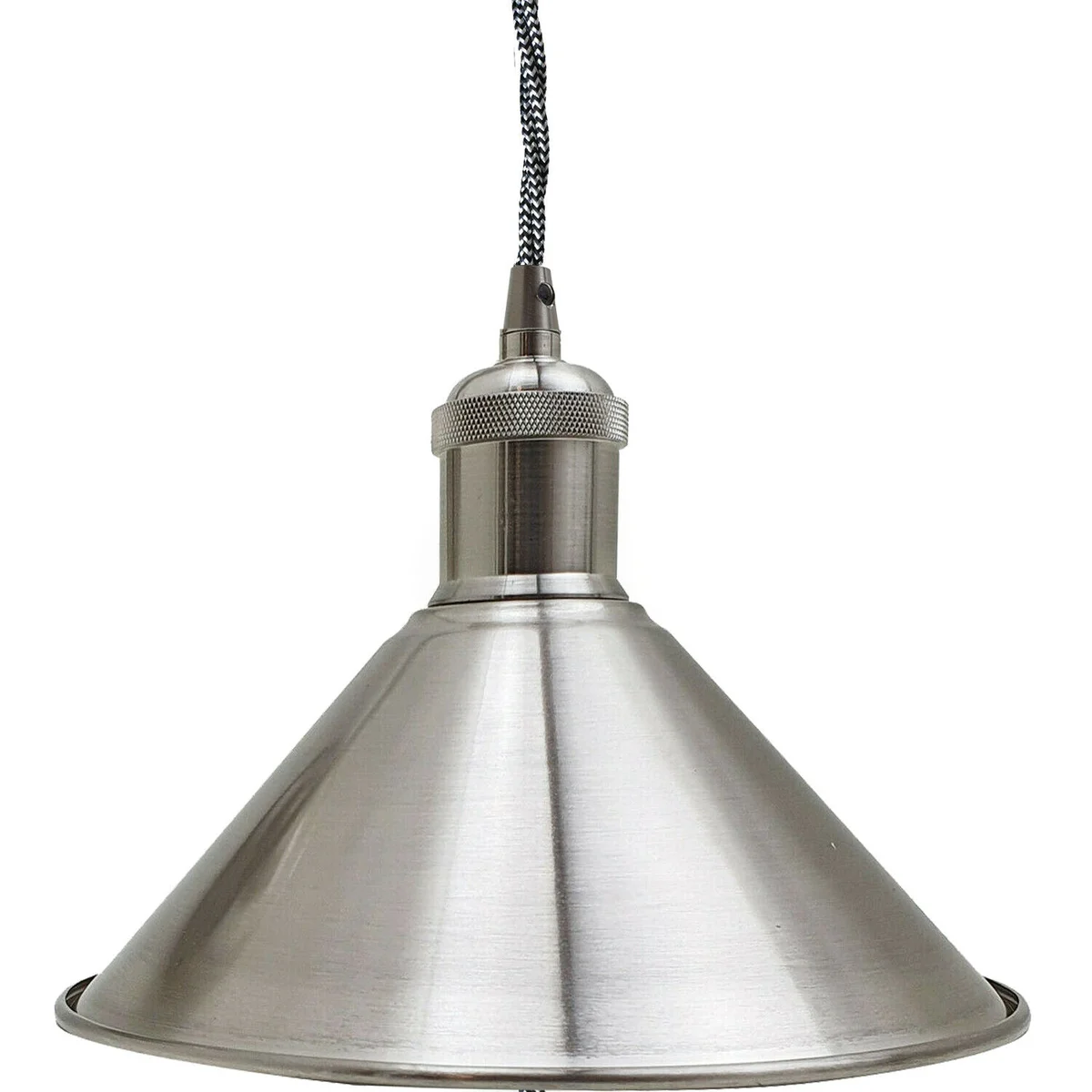 Satin nickel ceiling light with sleek metal pendant and retro loft style lampshade, hanging above a kitchen island.