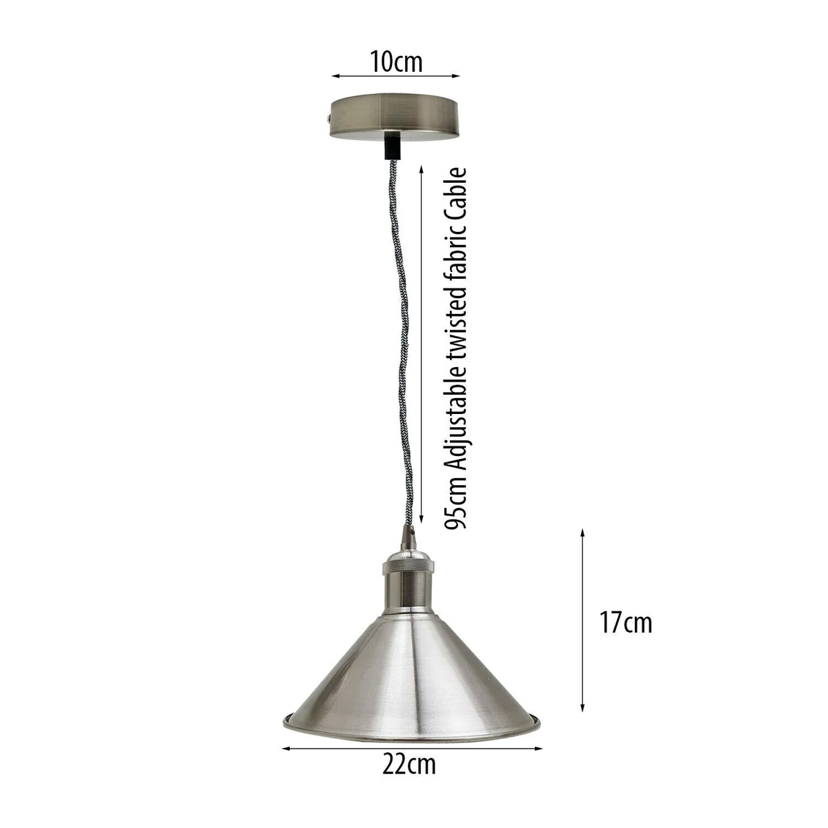 Dimmable pendant lamp with iron frame, satin nickel finish, single E27 holder and 95 cm cable.