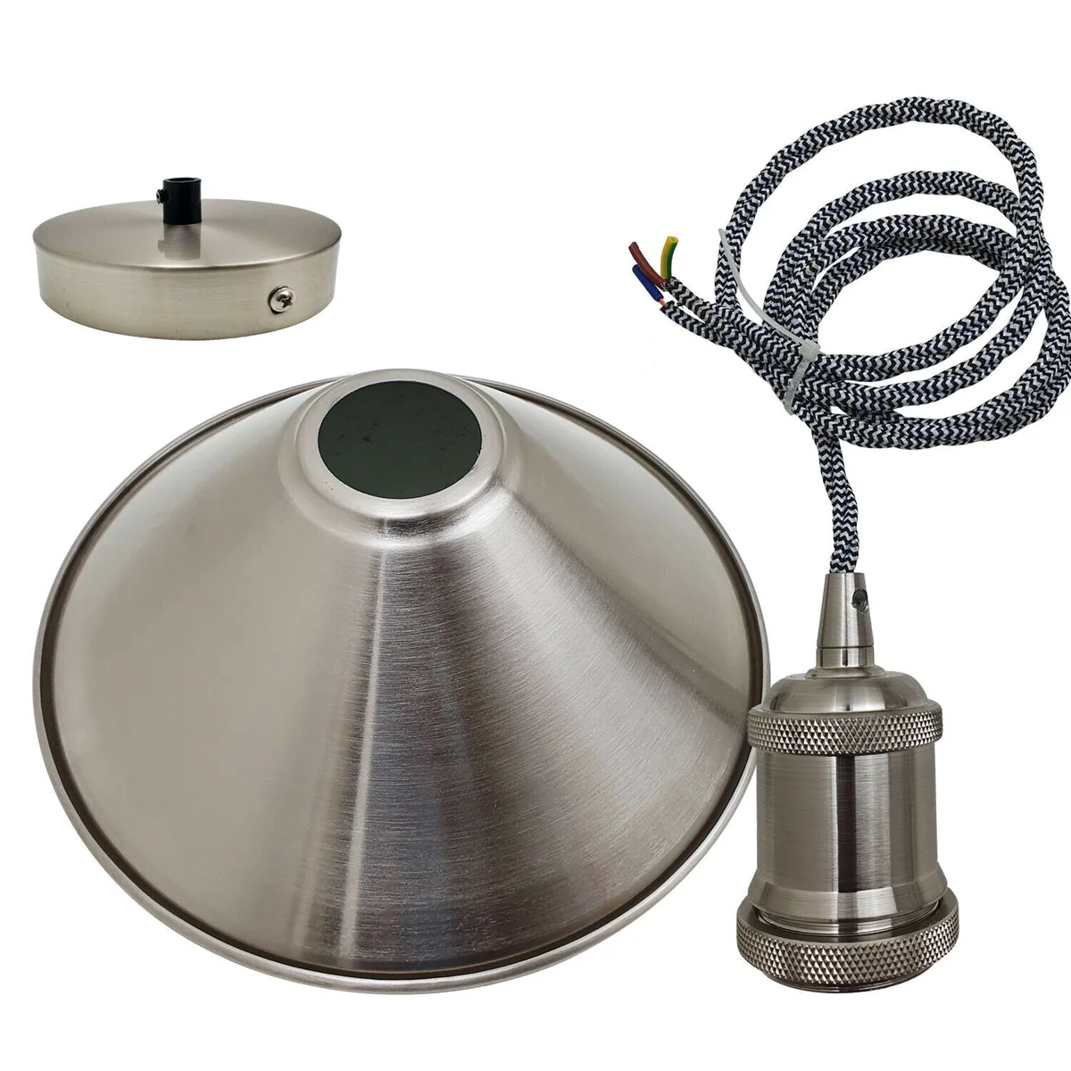 Iron E27 bulb pendant light with satin nickel finish, fabric shade and 95 cm cable, perfect for loft interiors
