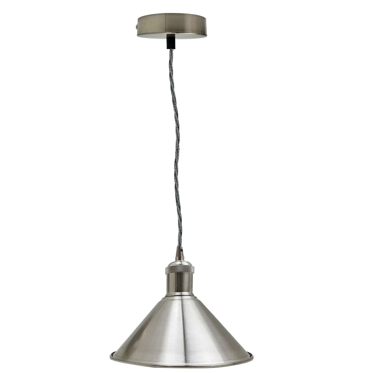 Modern industrial ceiling lamp with satin nickel iron pendant, lampshade, and 95cm cable for loft style