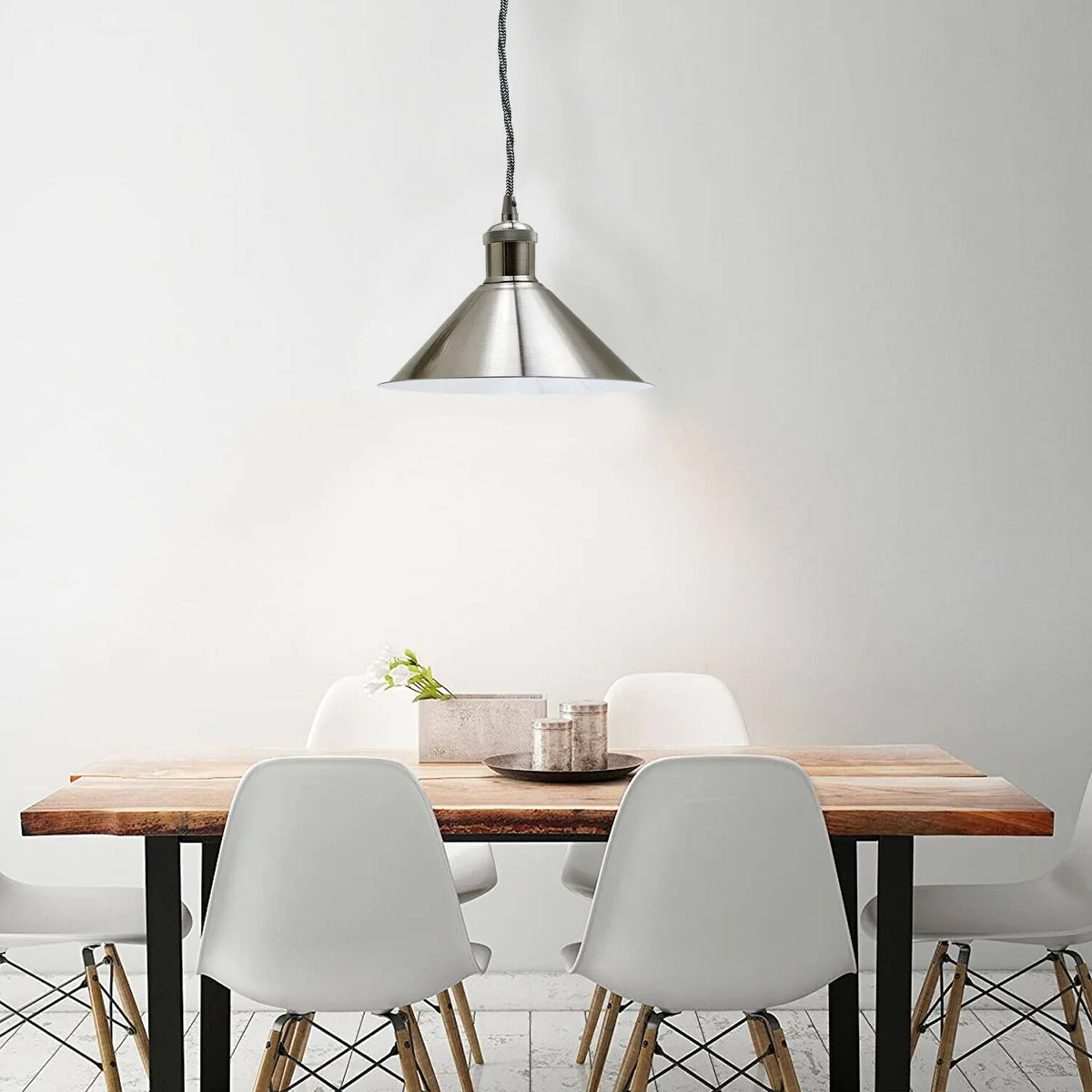 Sturdy iron industrial metal pendant light with satin nickel finish, hanging over a kitchen island.