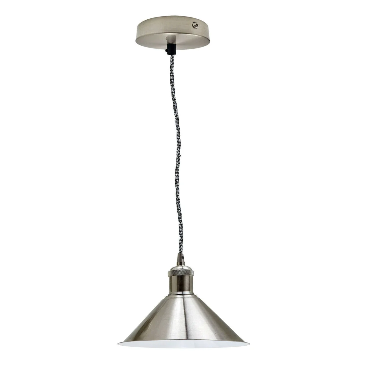 Industrial metal pendant light in satin nickel with iron shade, single E27 holder, 95cm cable, suitable for loft rooms.