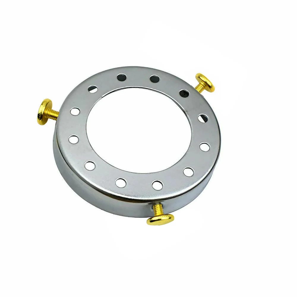 Chrome lamp shade cap fitting with metal body, 7 cm diameter, 1.5 cm height and 4.1 cm hole, suitable for commercial lighting.