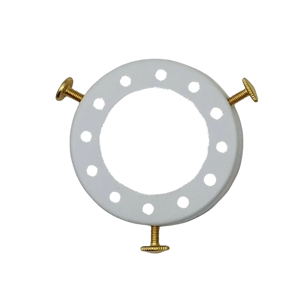 White lamp shade cap made of metal, 7cm in diameter, 1.5cm high, covering a pendant light socket holder.
