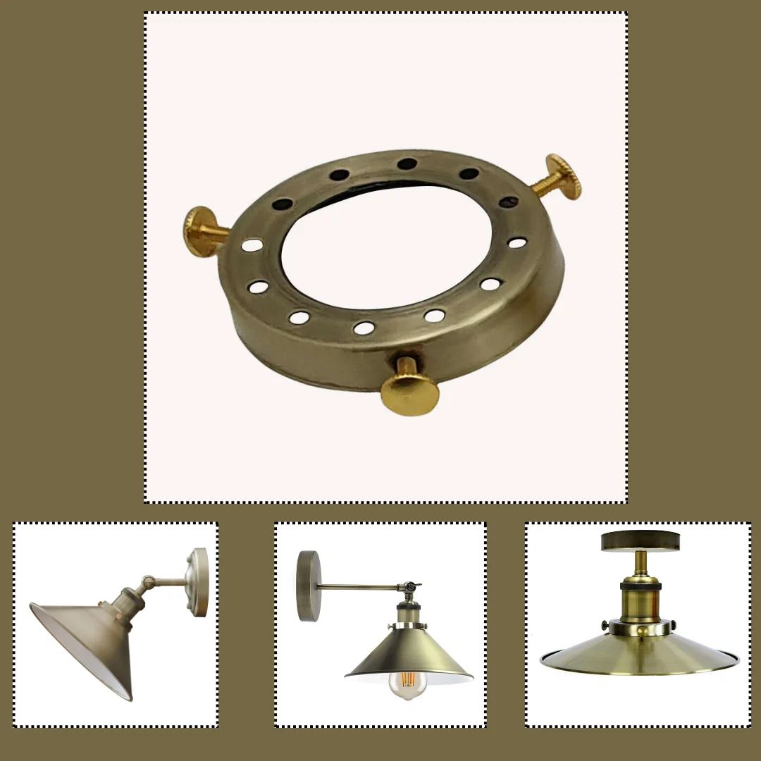 Green brass lamp shade cap in metal, 7cm diameter, 1.5cm height, used for a pendant light fixture.
