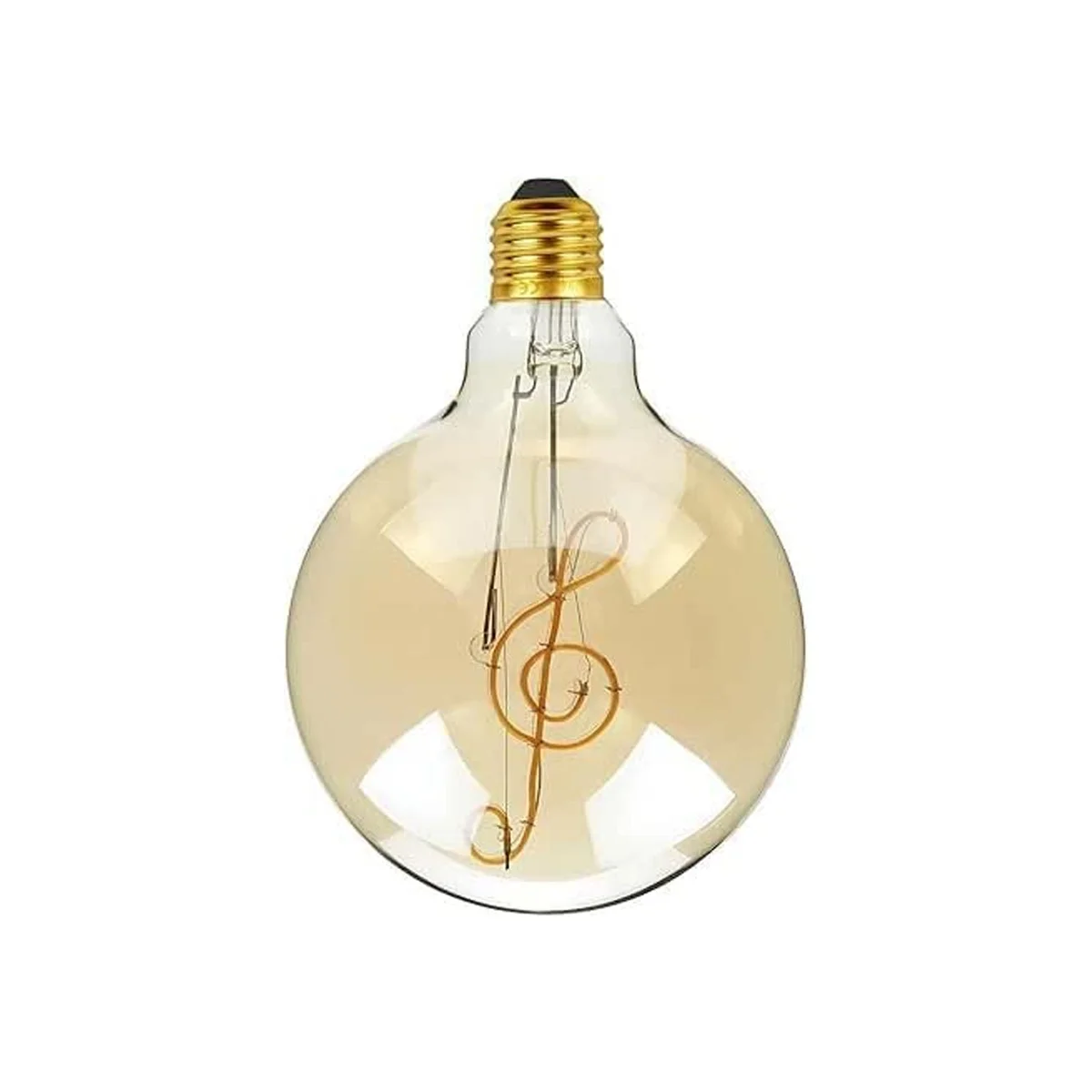 Vintage 4W filament LED bulb in warm white, heart‑shaped music note filament, round glass globe with copper fittings