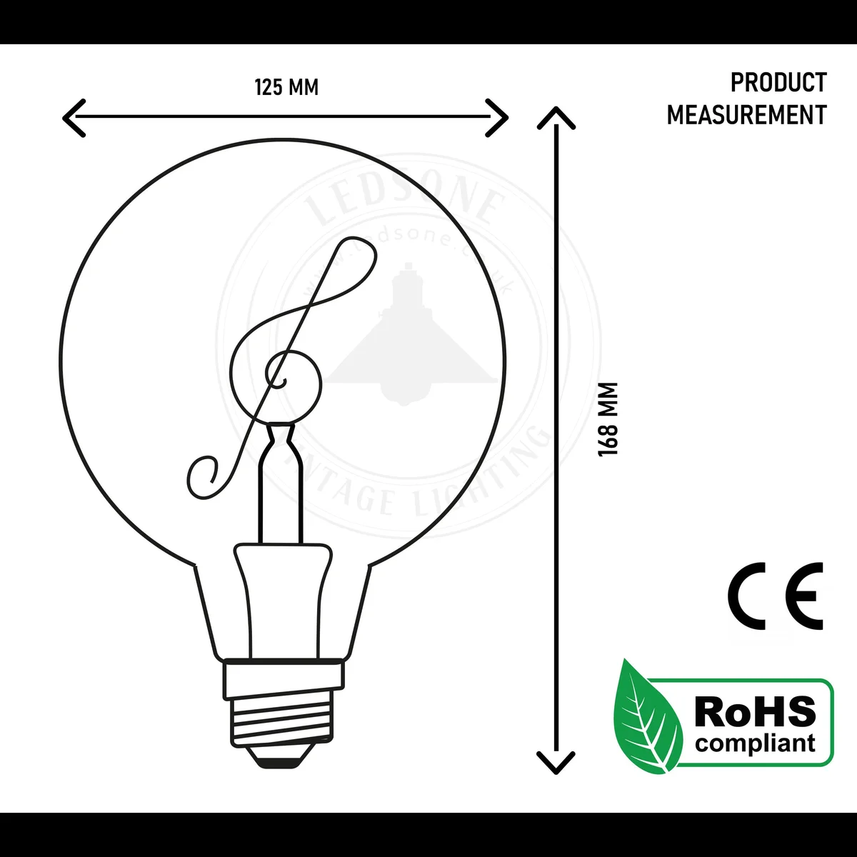 Vintage decorative LED bulb with curvy music note filament, warm white glow, 4W E27 screw fitting.