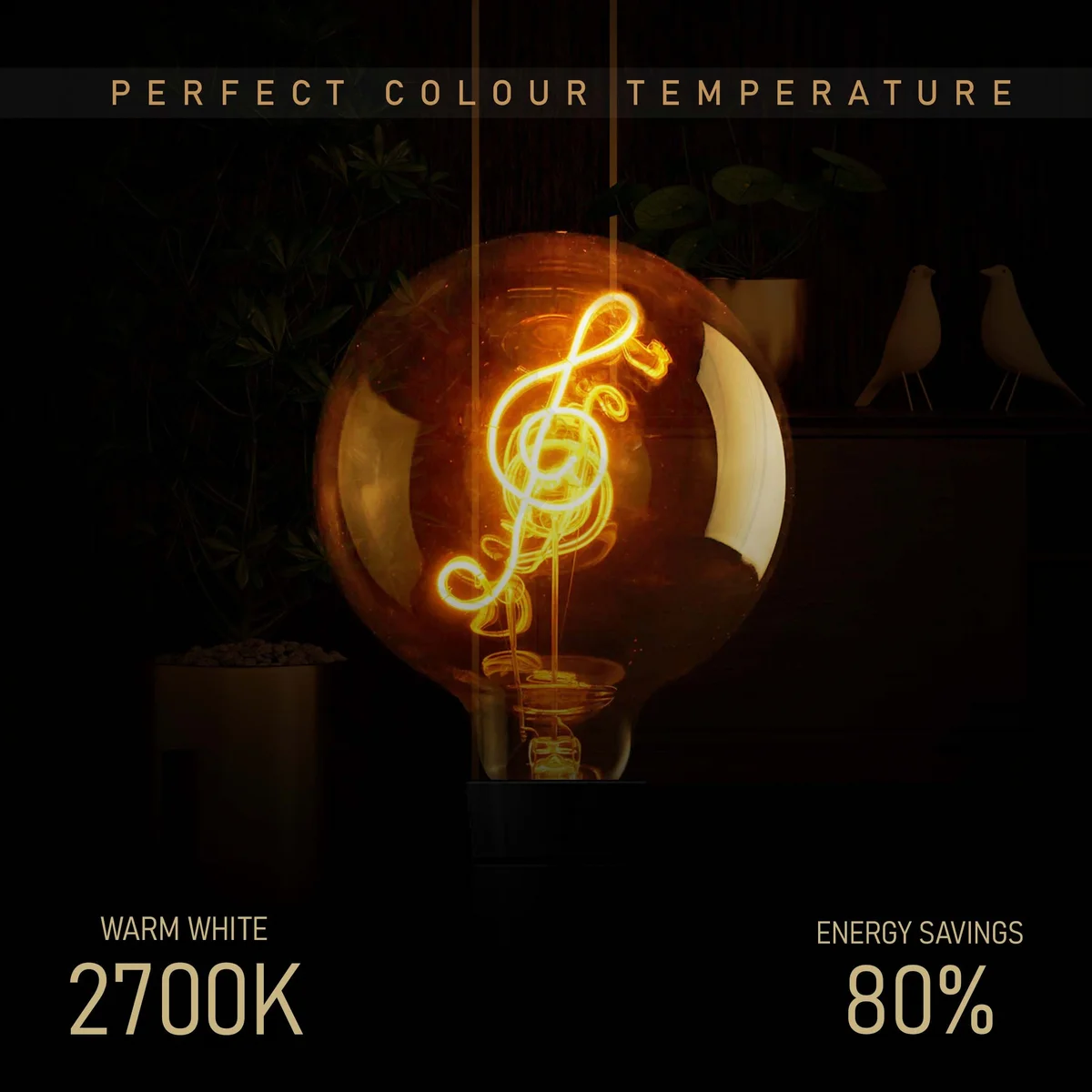 Vintage LED Edison screw bulb with curly musical note filament, warm white glow.