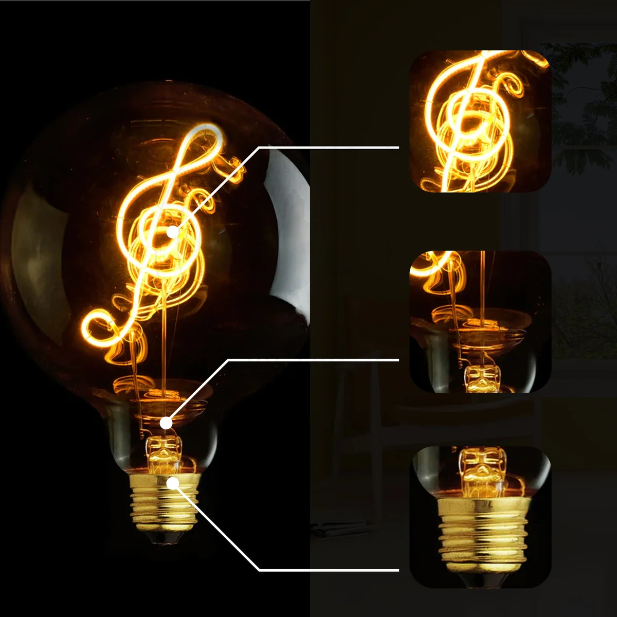 Vintage LED bulb with warm white glow, decorative curved filament, E27 screw base, 4W.