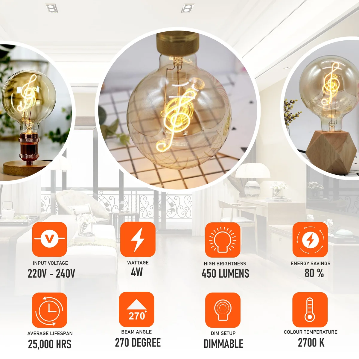 Vintage LED bulb with musical note filament, warm white glow, glass body and copper cap, fitting an E27 socket.