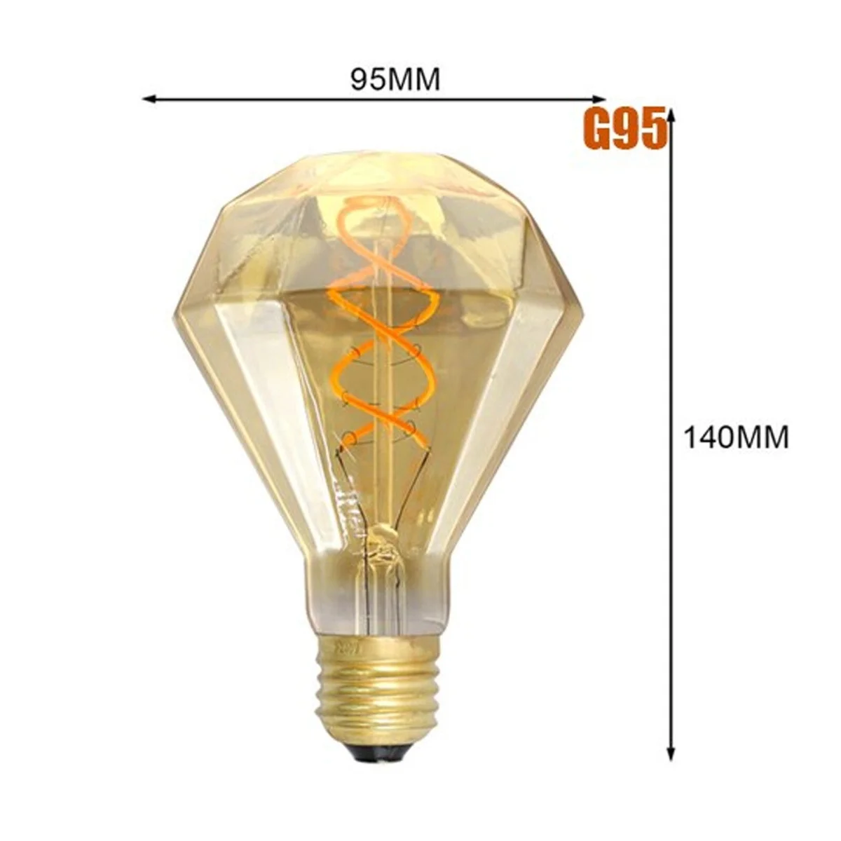 Vintage E27 LED bulb with amber glass, pure copper cap and curling filament, giving a warm white glow.