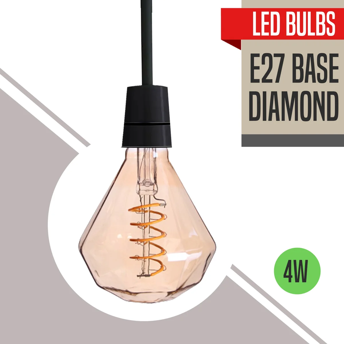 Curly filament LED bulb in amber glass, copper cap, projecting warm white LED bulb glow.