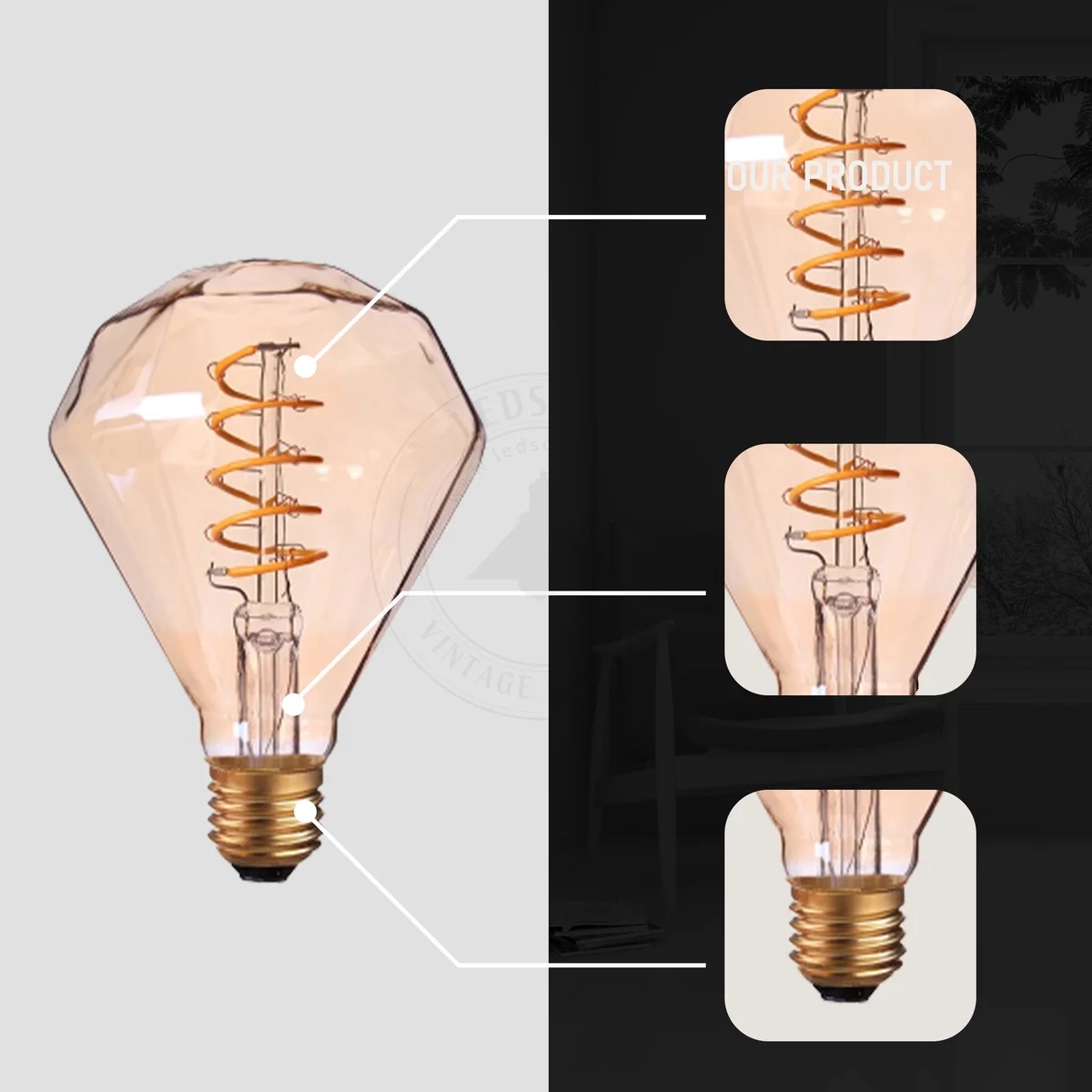 vintage style LED bulb with amber glass, curling filament, and bright pure copper lamp cap