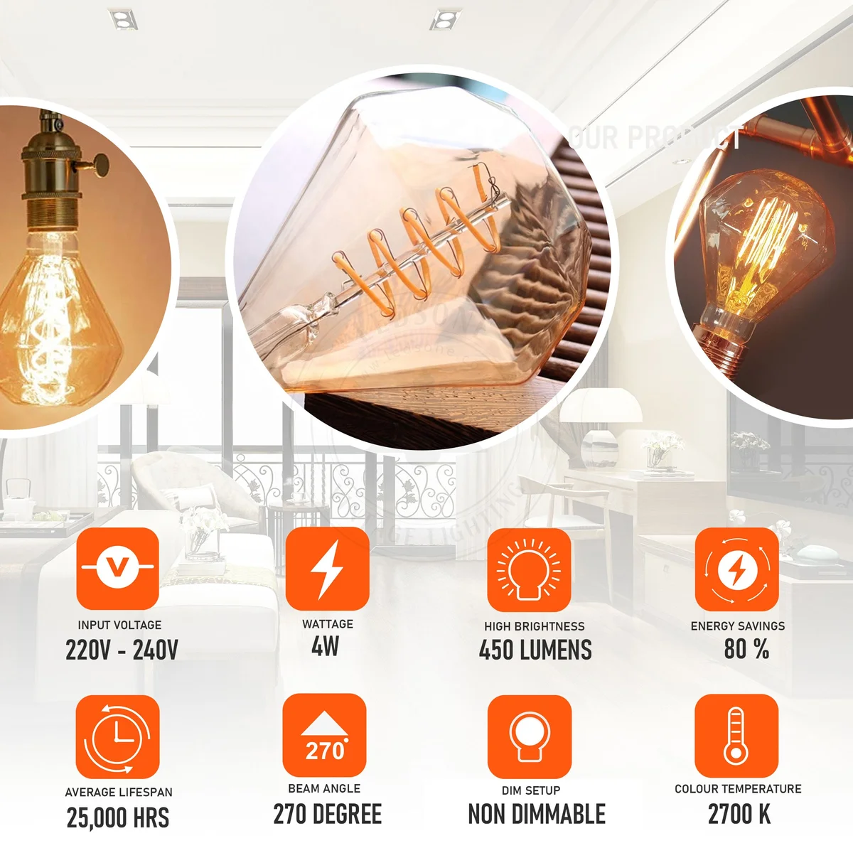 Vintage LED filament bulb with amber glass and pure copper cap, featuring a curly internal filament and E27 screw base.