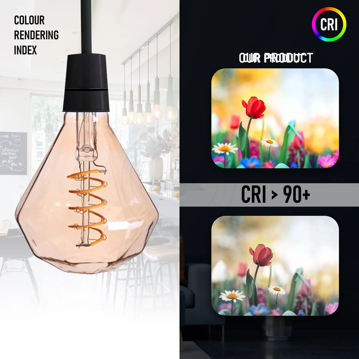 Vintage LED filament bulb with amber glass housing and pure copper cap, bright warm light.