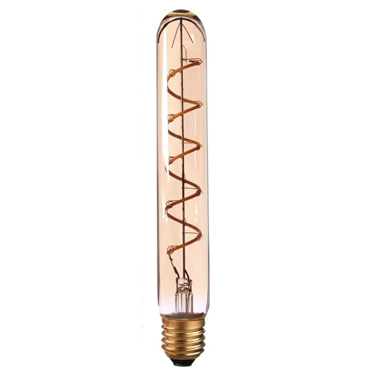 Vintage LED filament bulb in transparent amber glass with metal base, showing soft amber light