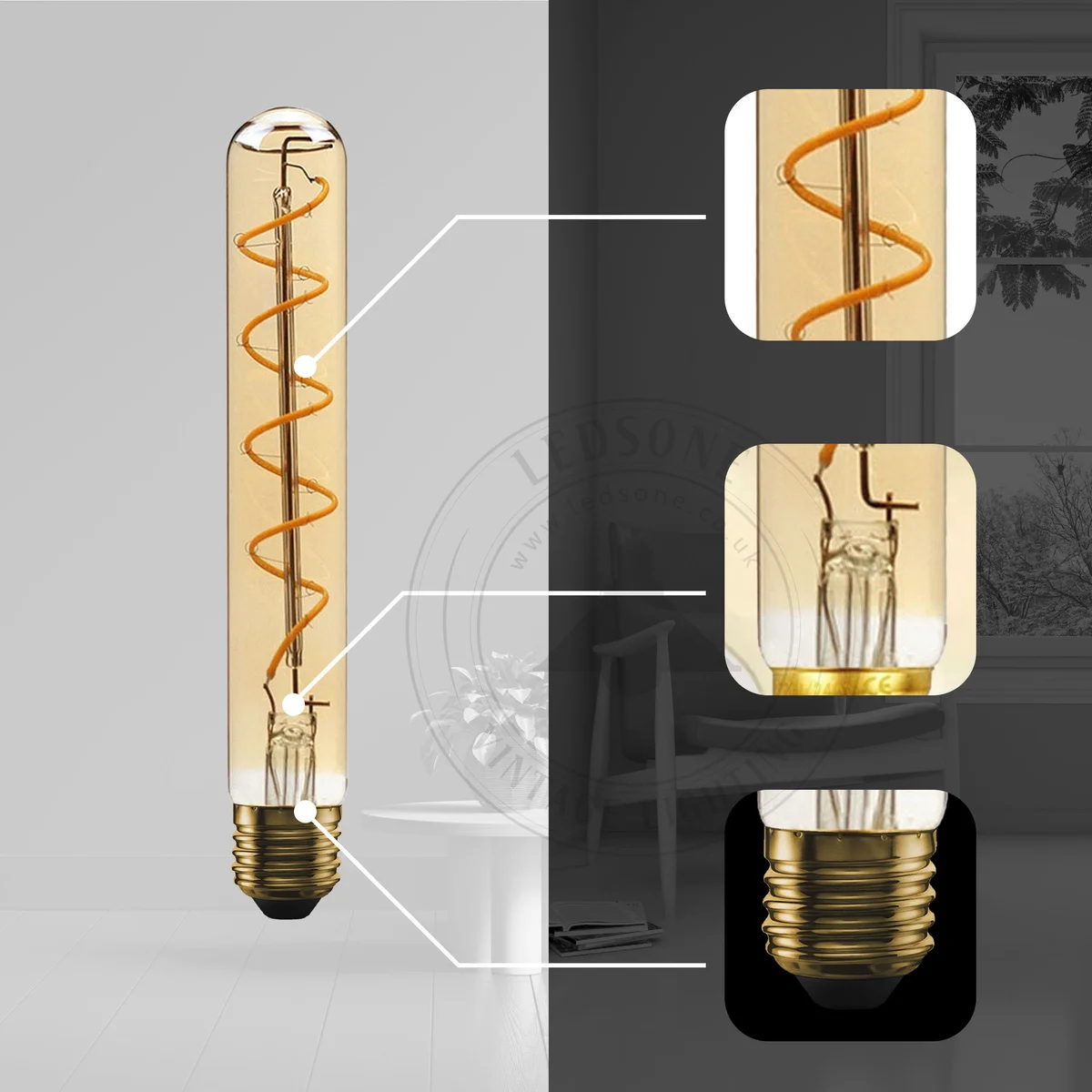 Vintage amber LED filament B22 bayonet bulb, clear glass and metal body
