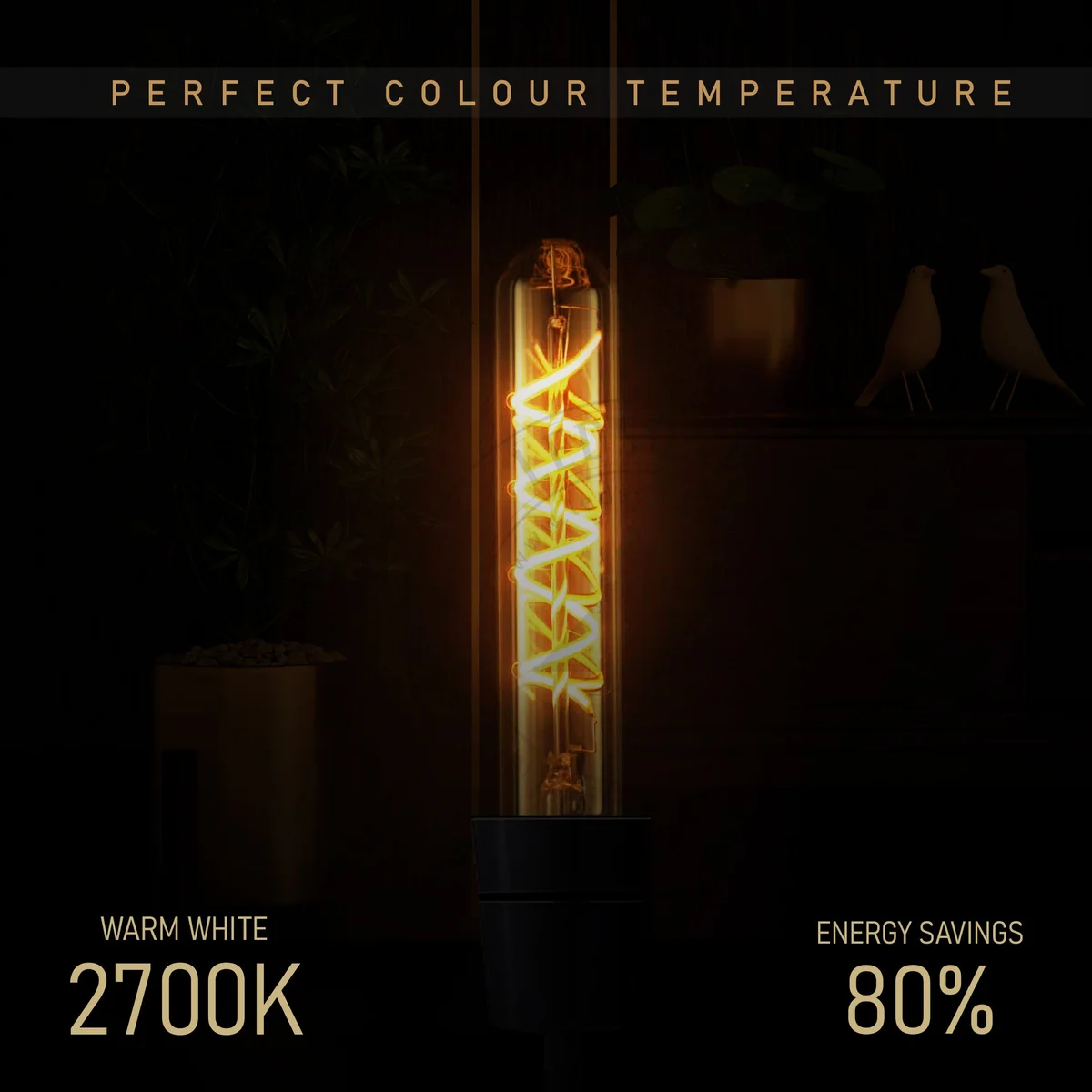 Vintage LED filament bulb – amber glass, metal base, warm glow, in lamp setting.