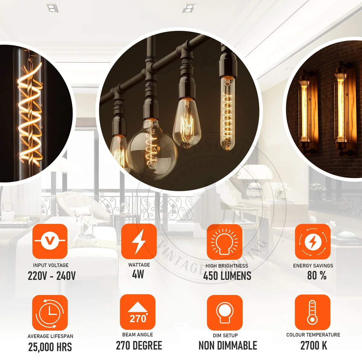 Vintage LED filament bulb, amber glass, 4W, B22 bayonet, soft amber glow.