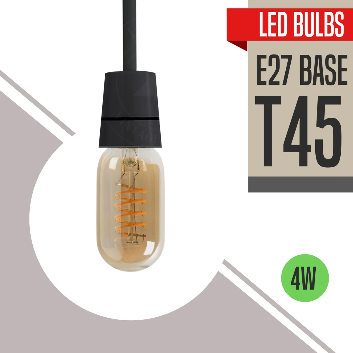 Vintage LED bulb in T45 tube glass with pure copper cap, emitting warm white glow.