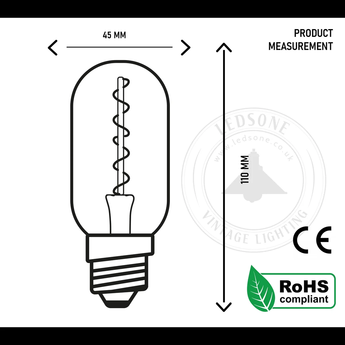 Vintage T45 tube‑shaped E27 LED bulb featuring a curly filament, clear glass, copper cap, emitting warm white glow